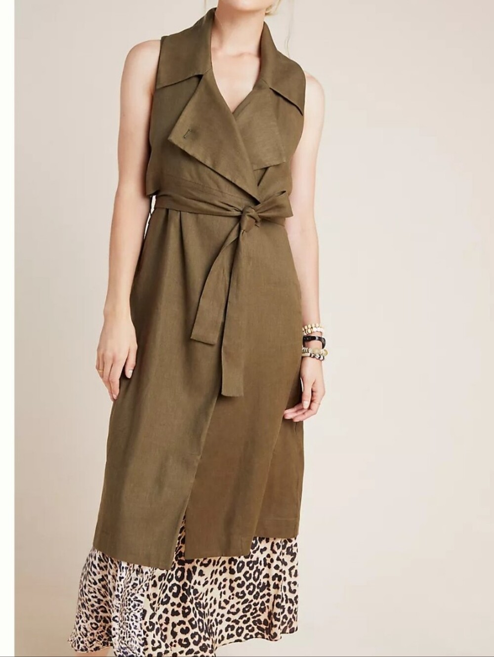 By Anthropologie Olive green linen blend long-line Moss belted Coat vest sz XS